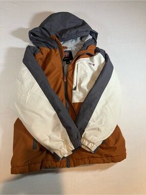 Swiss Tech Men's Colorblock Hooded Ski Jacket in Rust, Cream & Gray